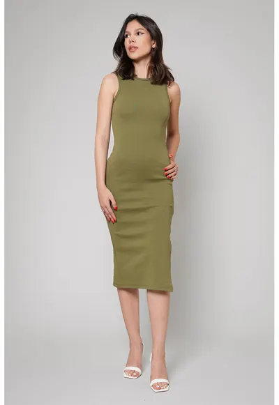 Rochie midi cambrata cu slit lateral Hera - Verde masliniu