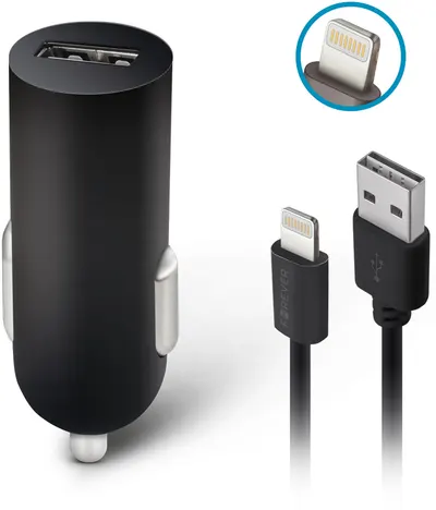 Încărcător auto Forever - M-02, USB-A, cablu Lightning, negru