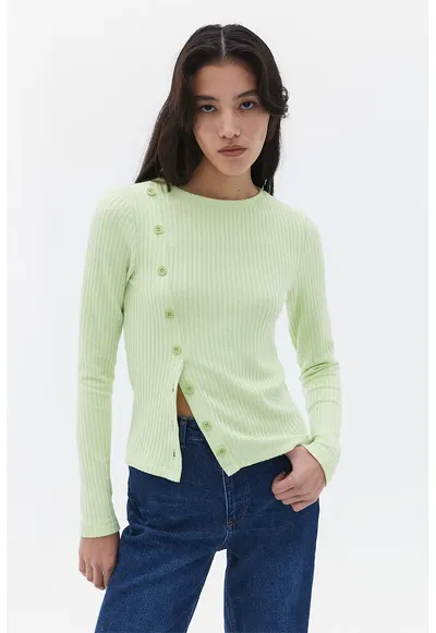 Pulover striat cu nasturi - Verde pal