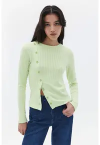 Pulover striat cu nasturi - Verde pal