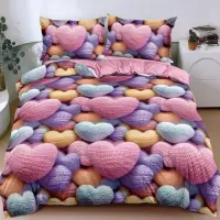 Lenjerie pat dublu bumbac satinat - 3 Bucati 219 Lei - Albastru Roz inimioare colorate