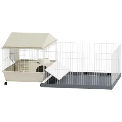 PawHut Cușcă porcușor de Guineea cușcă pentru animale mici cu parc detașabil covor impermeabil bol de hrănire 108 x 71 x 57 cm bej | Aosom Romania