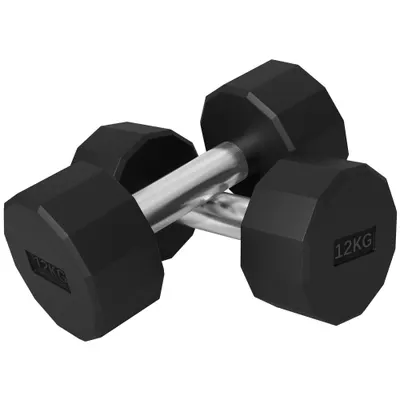 SPORTNOW Set de 2 Gantere de 12 kg din Metal și Cauciuc, Set Gantere Fitness cu Mâner Antiderapant, 26x14x14 cm, Negru | Aosom Romania