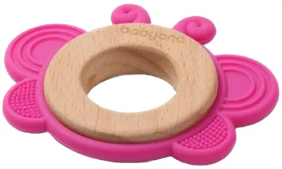 Dispozitiv de dentitie din silicon cu inel de lemn Babyono - Fluture