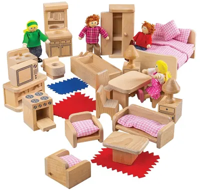 Set din lemn Bigjigs - Mobilieri pentru casuta de papusi, cu 4 papusi