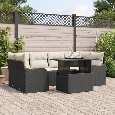 Set canapea de gradina Gossi de 7 piese cu perne ratan poli negru, canapea de gradina Gossi pentru 2 persoane cu depozitare si perne ratan poli negru
