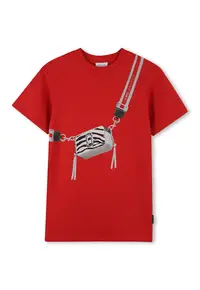 Tricou cu decolteu la baza gatului si design grafic - Rosu vermillion