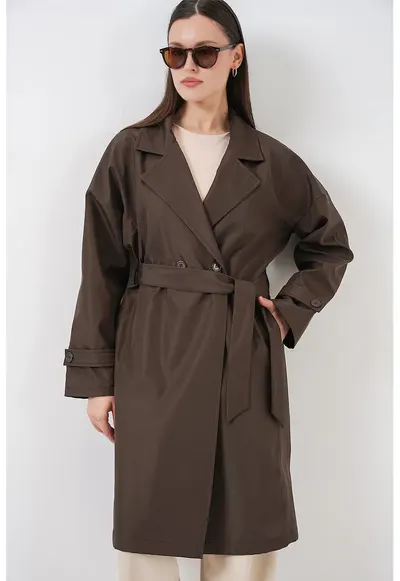 Trenci dama - lung cu curea si guler - maro - textil