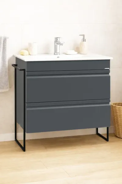 Set Baza front MDF si Lavoar seria 086, cadru metalic, cu sertare, montata, 80 cm, antracit