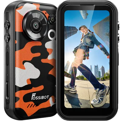 Telefon mini Fossibot F116 Pro cu Action Camera 4K Ultra-Wide, 5G, Dual SIM, 4-inch 120Hz, Dimensity 7300, 12GB RAM, 256GB, Optical Image Stabilization, NFC, 3600mAh, Android 16, Orange