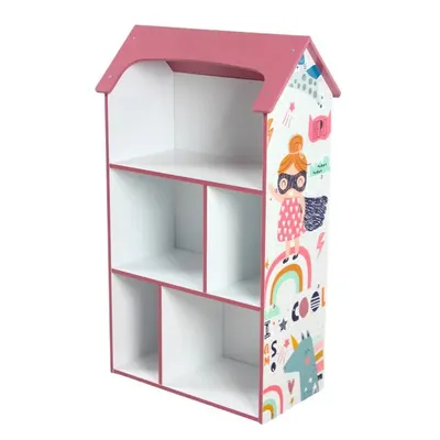 Organizator copii Ginger Home Super Girl tip casuta din lemn pentru jucarii si carti, cu 5 compartimente, cadru robust din MDF cu colturi si margini rotunjite,dimensiuni 54x27x91,5 cm