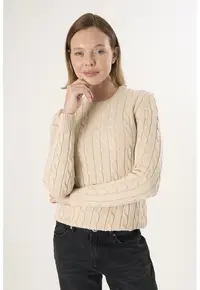 Pulover cu decolteu la baza gatului si model torsade - Bej inchis