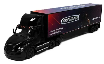 Jucărie pentru copii Kinsmart - Camion metalic Freightliner eCascadia cu container, 1:62, negru