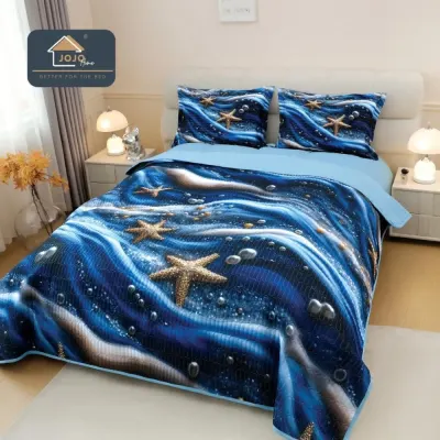 Cuvertura Matlasata, Bumbac Finet, cu Imprimeu 5D, 220x240cm + 2 fete de perna 50x70cm, Bleumarin, Bleu, Magia Craciun in Ocean