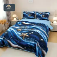Cuvertura Matlasata, Bumbac Finet, cu Imprimeu 5D, 220x240cm + 2 fete de perna 50x70cm, Bleumarin, Bleu, Magia Craciun in Ocean