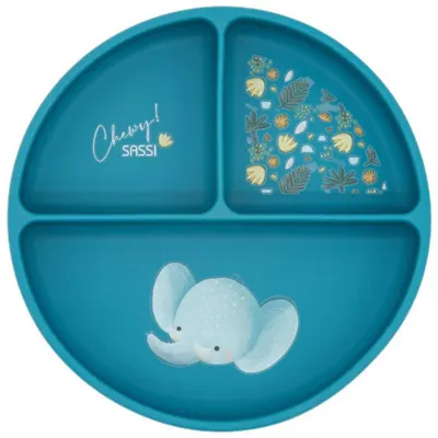 Farfurie din silicon cu ventuză Sassi - Chewy The Elephant, albastru