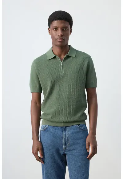 Tricou polo cu fenta cu fermoar - Verde feriga