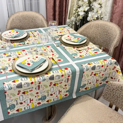 Set Fata de Masa din Bumbac Imprimat cu 6 Servetele – Eleganta si Calitate pentru Mese Perfecte, Crem, Kitchen