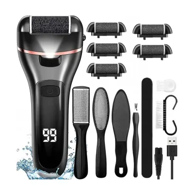 Set Pila electrica pentru talpi si calcaie NewEvo , Display digital, Acumulator 1200 mAh, 2 viteze, 2400 rot min, 6 Capete incluse, LED lanterna