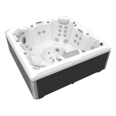 Minipiscina jacuzzi 7 persoane, alb-lucios, 46 jeturi hidromasaj, 215 215 cm, WiFi, sistem audio, Wellis Mandala Deluxe