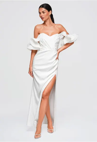 Rochie maxi eleganta cu decolteu in forma de inima OM-DLR396 - Ecru