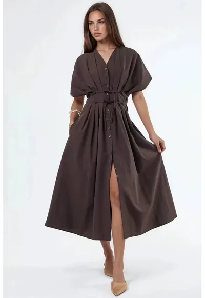 Rochie camasa midi casual - decolteu in V - maro cafea - bumbac si poliester