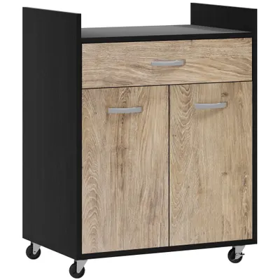 HOMCOM Cărucior de Bucătărie cu Sertar și Dulăpior, Insulă de Bucătărie cu 4 Roți și Raft Reglabil, 60x40x77 cm, Negru | Aosom Romania