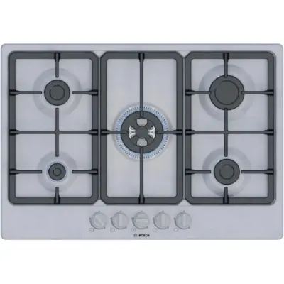 Plita incorporabila Bosch PGQ7B5K90, Gaz, 5 arzatoare, Arzator Wok, Gratar fonta, 75 cm (Inox)
