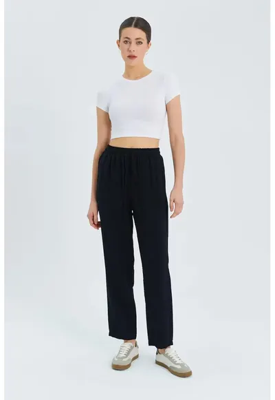 Pantaloni dama - cu Talie Inalta - Negru - Textil