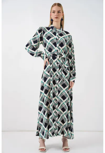 Rochie camasa midi - carouri - albastru marin - 100% viscoza