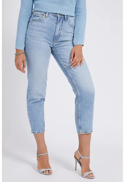 Blugi mom fit crop cu aspect decolorat - Albastru lavanda