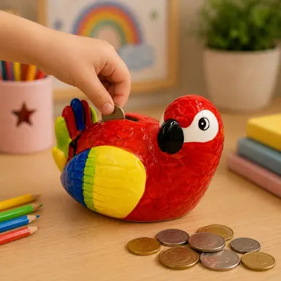 Pușculiță din ceramică, Deluxebase, model papagal multicolor