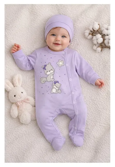 Salopeta bebe fetite mov lila cu caciulita 2 piese bumbac