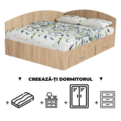 Creeaza-ti Dormitorul ALMA, sonoma deschis, de la Pat Colt Alma 140x200 cm, cu 2 sertare laterale pe role, adauga Saltea, Noptiere, Comoda, Dulap