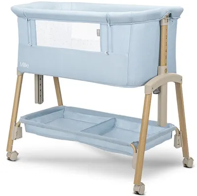 Pătuț pentru bebeluși cu barieră rabatabilă Lorelli - Millie, Blue/Wooden effect