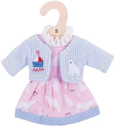 Hainuta pentru papusa Bigjigs - Rochie roz cu bluza, urs polar, 25 cm