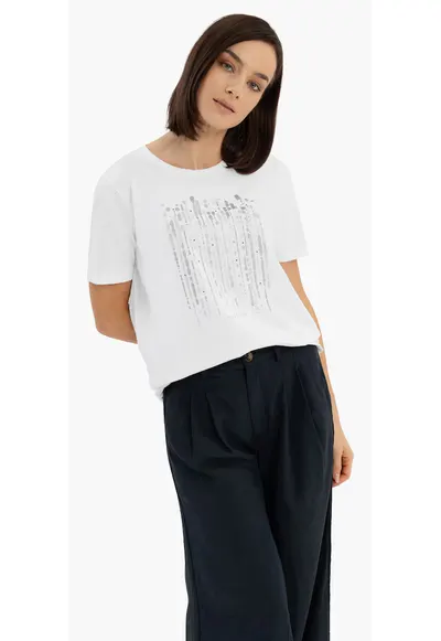 Tricou din bumbac cu model abstract - dama - strasuri - Regular Fit - T-Sear - alb