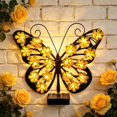 Set 2 Fluturi Solari Decorativi de Pus pe Perete sau Gard, cu Lumini LED