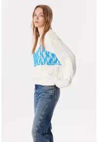 Pulover lejer cu model torsade - Alb fildes/Albastru