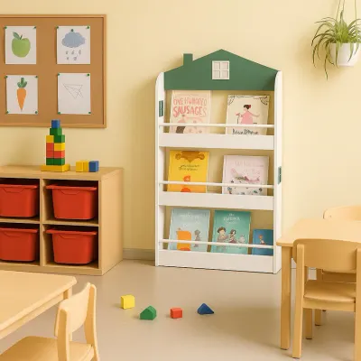 Raft organizator pentru carti si reviste Ginger Home model Casuta Montessori cu 3 rafturi,realizat din MDF,dimensiune 60x12x106 cm