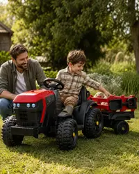 Tractor electric pentru copii Farmer Rosu, 12V, cu remorca detasabila, telecomanda 2.4G, roti EVA, scaun piele, 3-6 ani