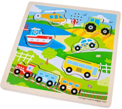 Puzzle din lemn cu sunete Bigjigs - Transport, 6 piese