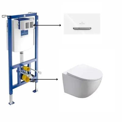 Set vas wc suspendat, vortex, rotund, Foglia Oslo cu rezervor incastrat si clapeta de actionare dual-flush, alba cu 2 butoane cromate ViConnect, Villeroy Boch