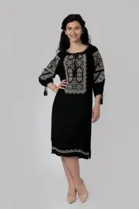 Rochie traditionala midi neagra cu motiv floral crem Tamara