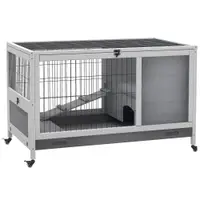 PawHut Cușcă pentru Iepuri și Porcușori de Guinea din Lemn cu Căsuță și Rampă, 90x53x59 cm, Gri | Aosom Romania