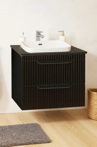 Set Baza front MDF si Lavoar seria 633, suspendata, cu sertare, montat, 60 cm, negru