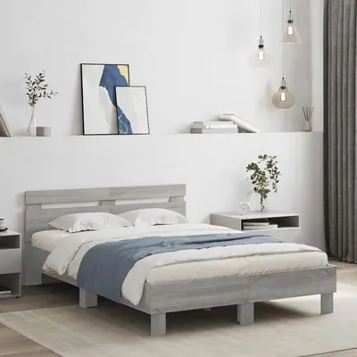 vidaXL Cadru de pat cu tăblie și LED, gri sonoma, 135x190 cm