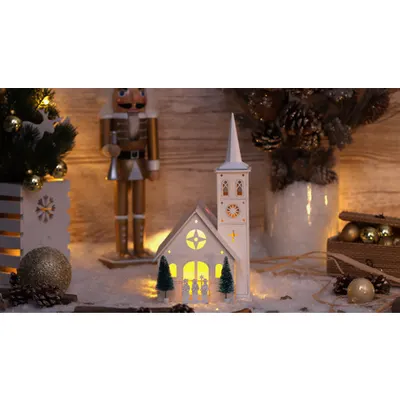 Biserica de Craciun cu LED, culoare alba,din lemn, cu bat. Timer 6+18h,4LED, 3000K, 3xAA