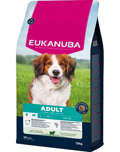 EUKANUBA Adult Small Medium Breeds Lamb Rice 12 kg hrană câini rase mici și medii bogată în carne de miel și orez