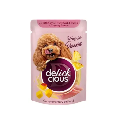 DELICKCIOUS Dessert, XS-S, Curcan și Fructe Tropicale, plic hrană umedă câini, (în sos), 80g